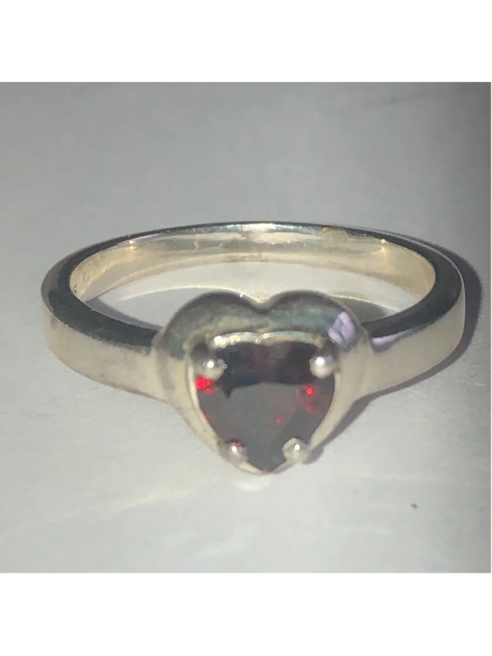 Size 7.25 Heart Shaped Sterling Silver Ring with Red Gemstone